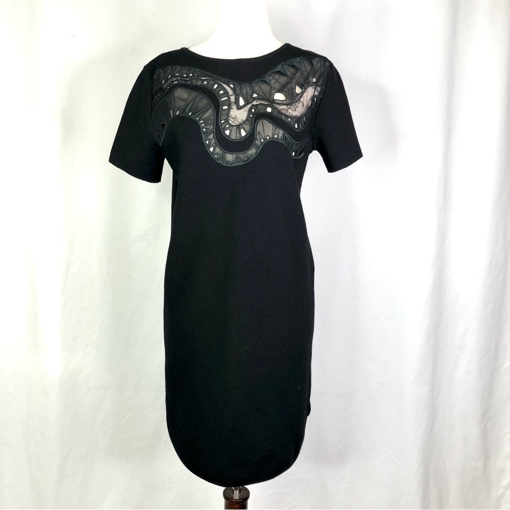 Emilio Pucci dress black wool blend short sleeves lace inset bodice M